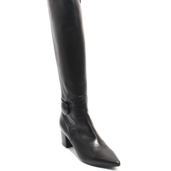ITALIAN Black Leather Stretch Knee High Heel Boot